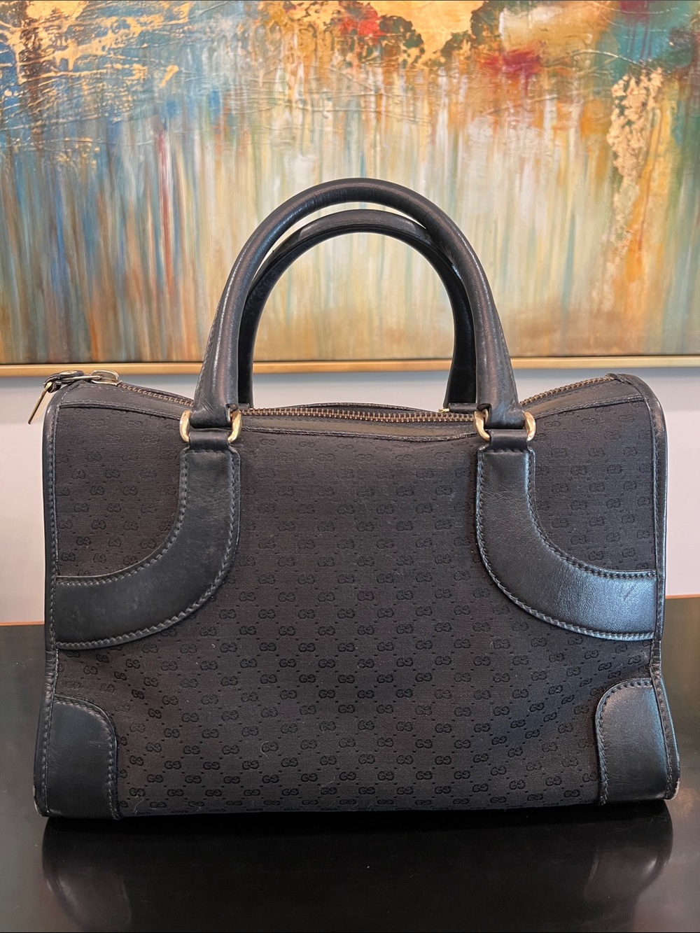 Vintage Gucci Black GG Monogram Boston Bag Leather Trim